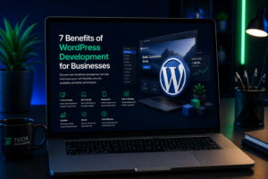 7 Benefits of WordPress Development for Businesses – WordPress website development dashboard and features displayed on a laptop.